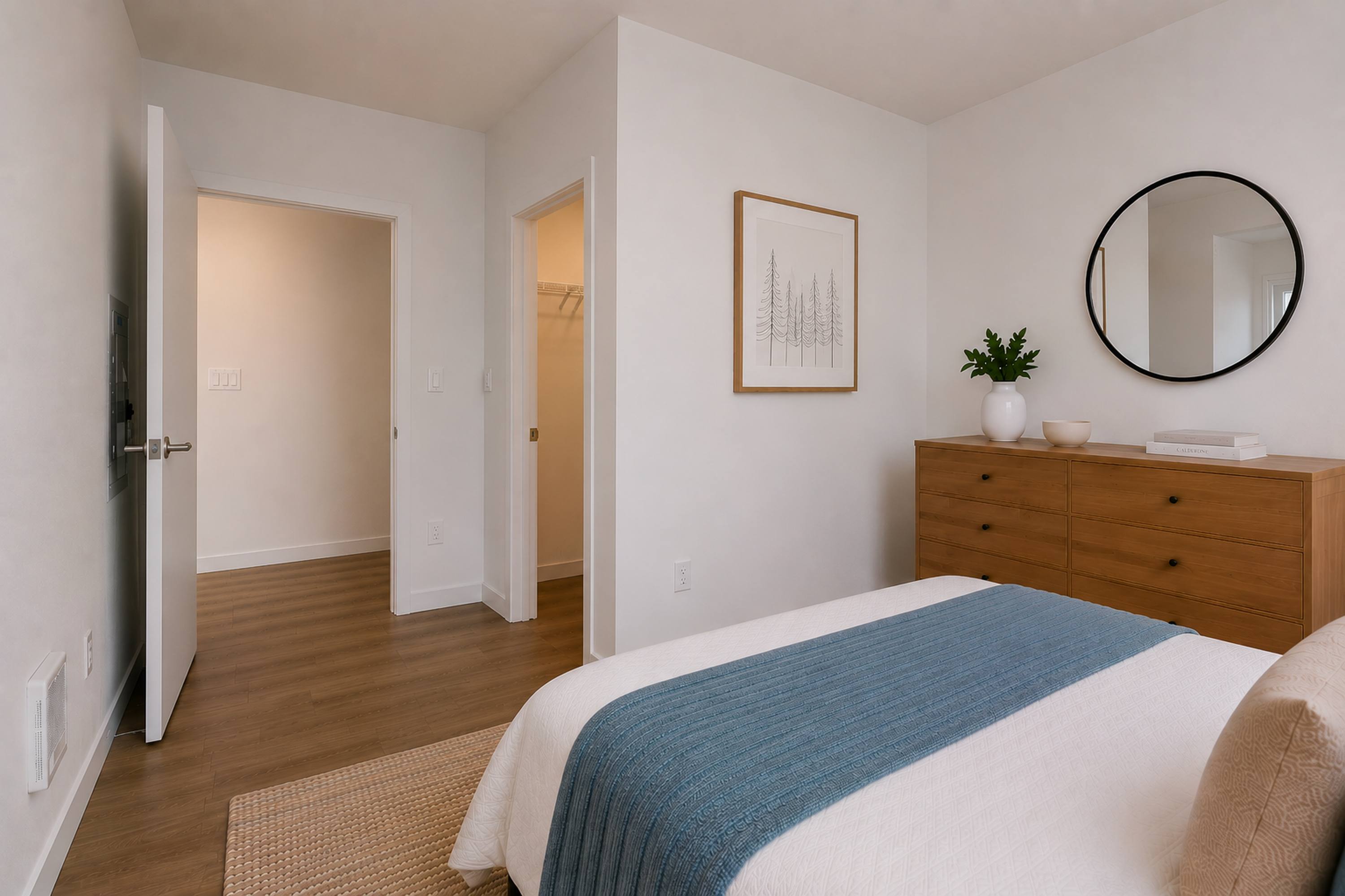 A bedroom with a bed, dresser, and mirror.